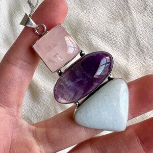 Rose Quartz + Amethyst + Hemimorphite Pendant Necklace Natural Crystal Spiritual